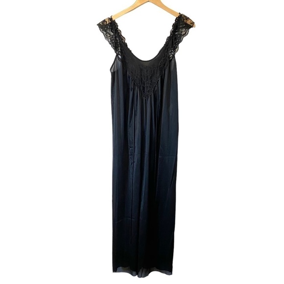 Vintage Black Nightgown Long Liquid Satin Nylon Lace Union Made Womens Medium - Picture 2 of 12